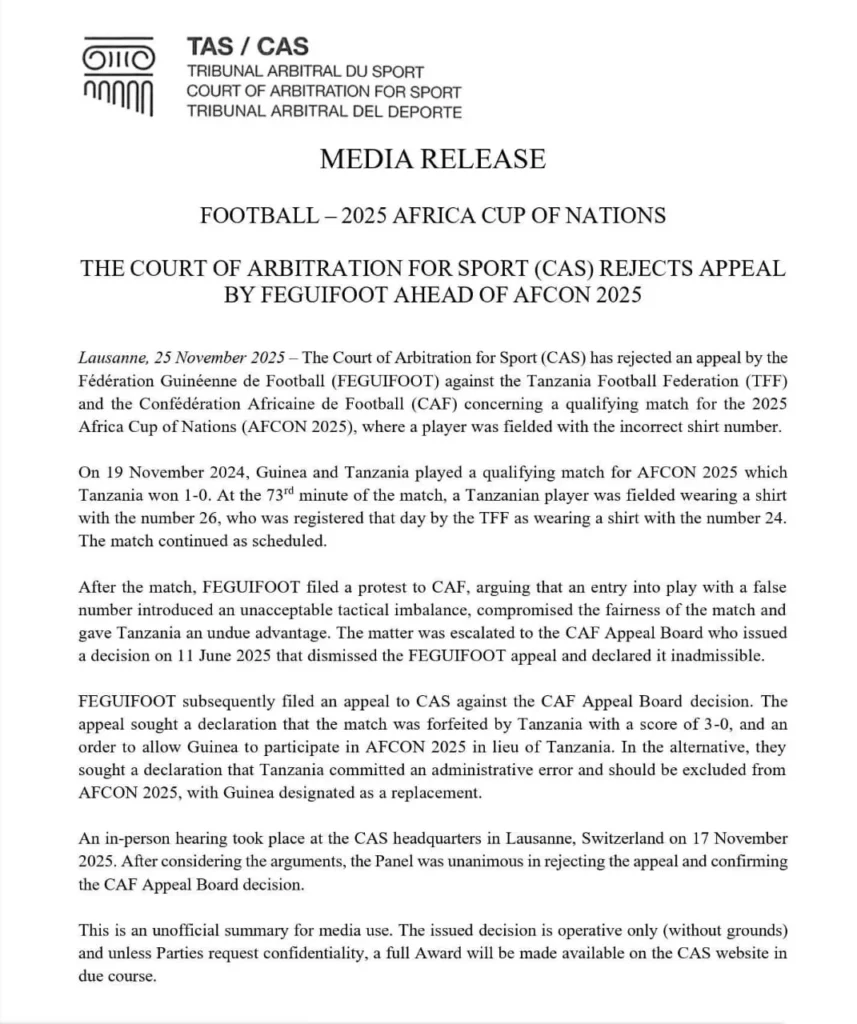 TAS-857x1024 Fin du suspense : la Guinée perd son recours et manquera la CAN 2025